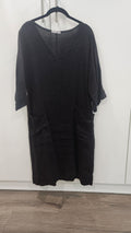 Black V-Necked Linen Dress with Pockets