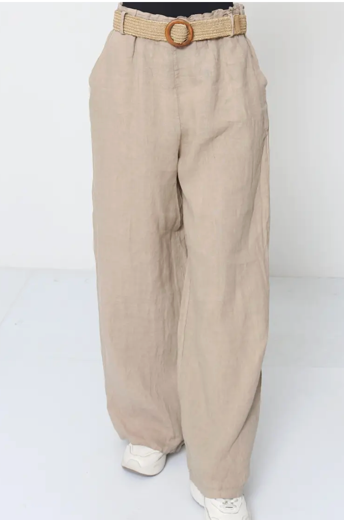 Taupe Belted Linen Trousers