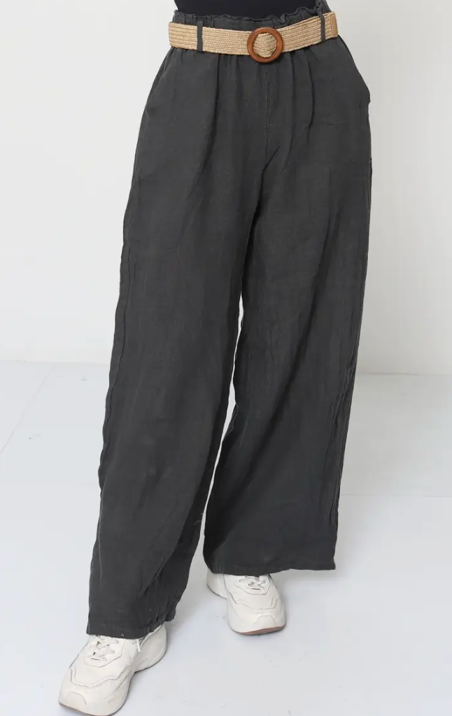 Charcoal Belted Linen Trousers