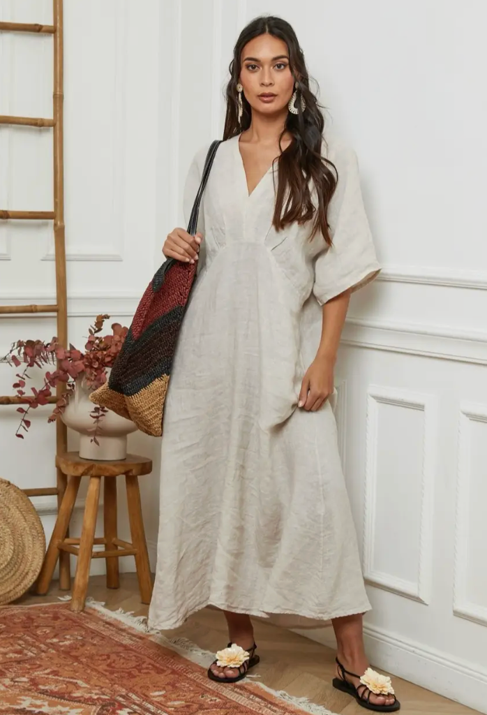 Beige Long V Neck Linen Dress