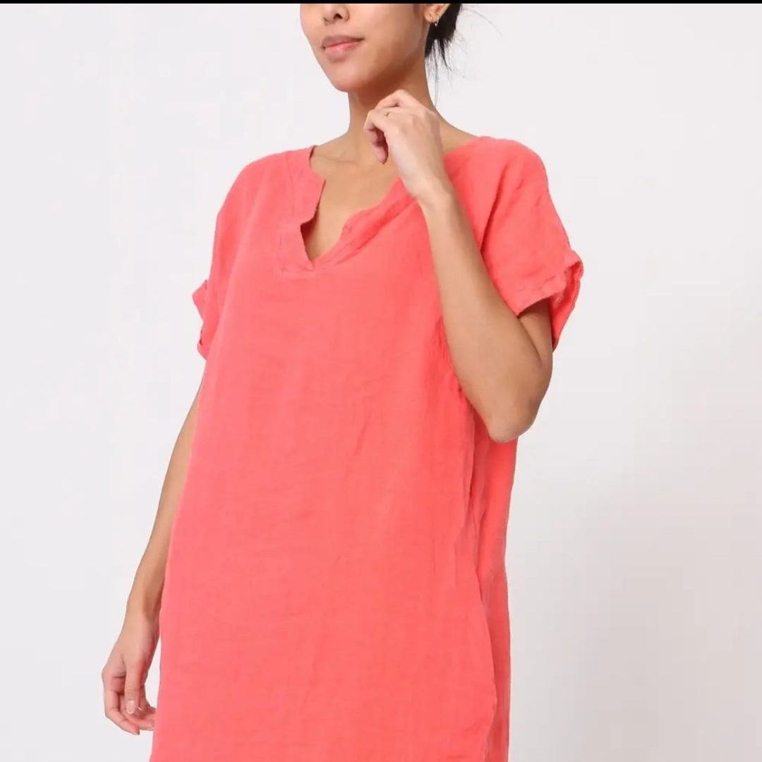 Mid Length Coral Linen Dress with Side Pockets