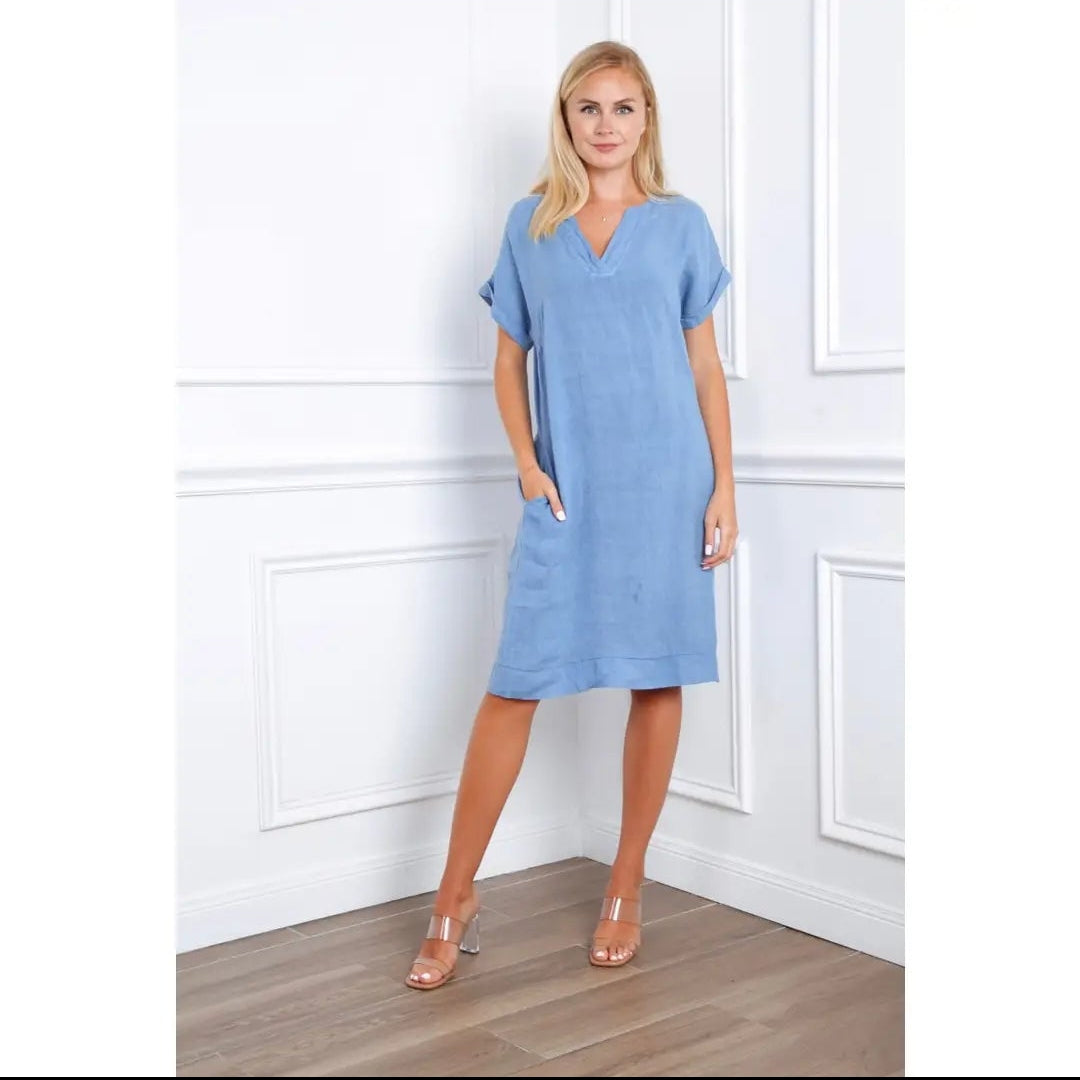 Mid Length Denim Blue Linen Dress with Side Pockets